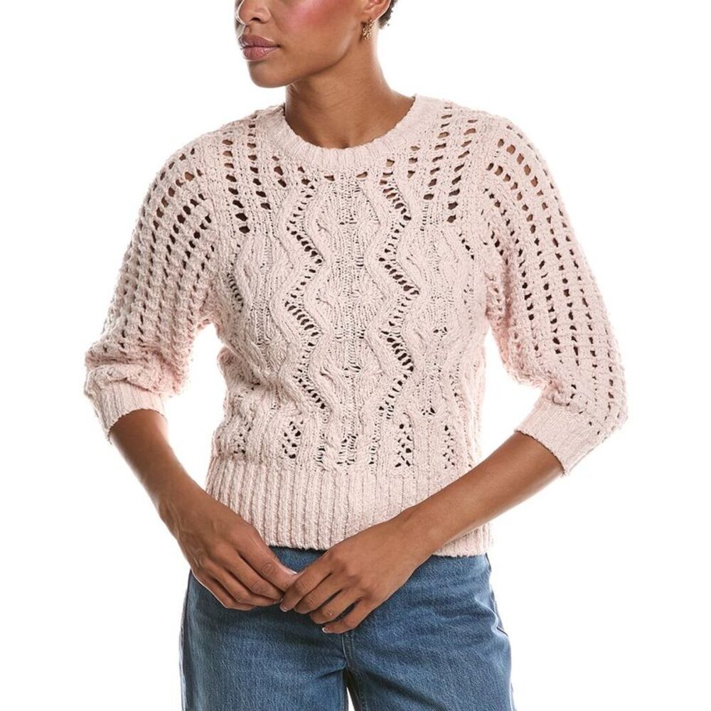 Autumn Cashmere Womens  Elbow Puff Sleeve Cable Crewneck Sweater, Pink